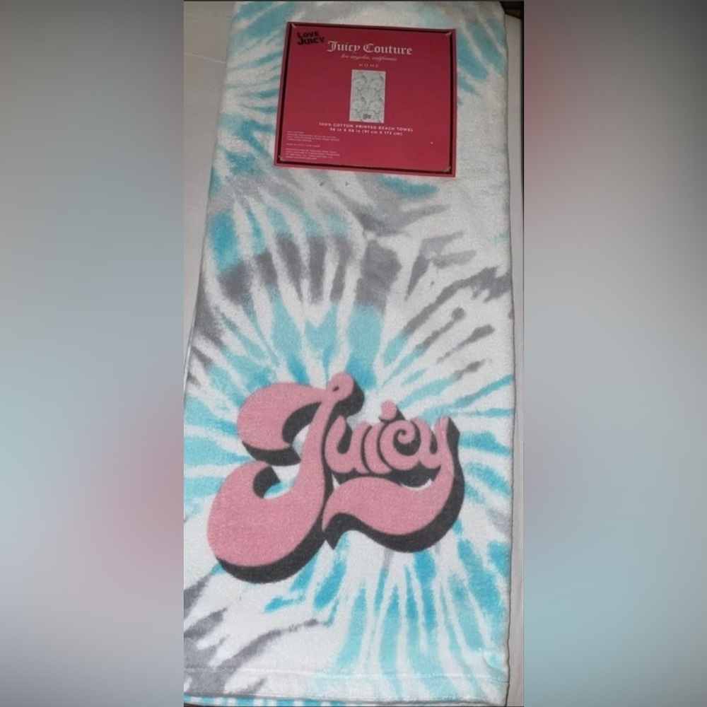 🎉HP🎉NEW Juicy Couture Logo Tie Dye Aqua/Gray 100% Cotton Towel 🌊☀️ - Picture 3 of 10